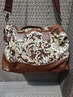 Vintage J. Jill Brown Floral Paisley Travel Over Night Duffel Cream Blue Leather